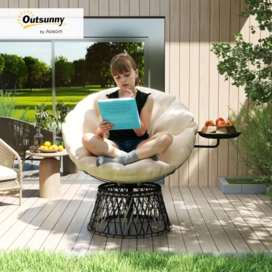 Outdoor Papasan Chair for patio use, rattan material, beige color, 360 swivel base and side tray included