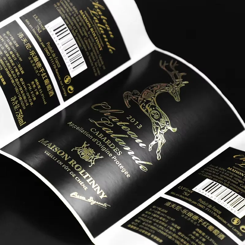 تسمية النبيذ الأسود المخصصة |   ملصق زجاجة النبيذ الأحمر الفاخر الممتاز بختم رقائق الذهب