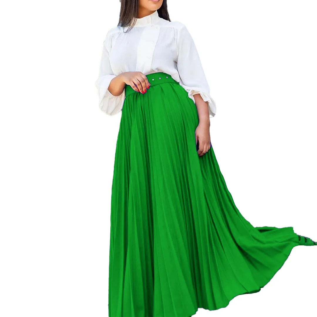 African Clothes for Women Spring Autumn African Women High Waist Solid Color Long Pleated Skirts With Belt