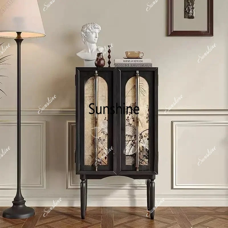 New Chinese retro dining side French light luxury multi-functional hand-painted bucket cabinet solid wood wine cabinet locker