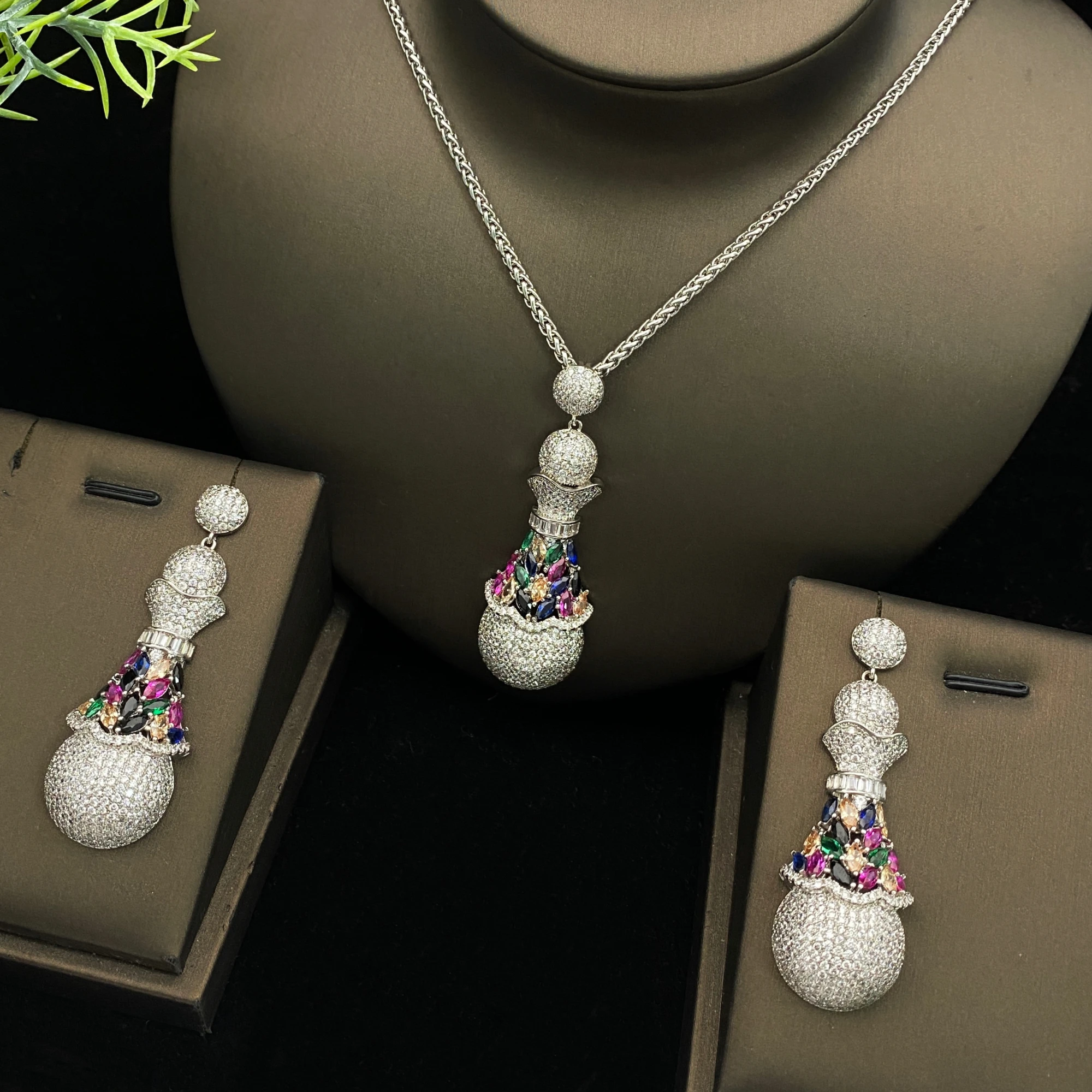 JRH Orb Set 2PCS Glittering Plated Sphere Necklace Earrings Sparkling Zirconia Pendant Women's Holiday Party Jewelry Gift