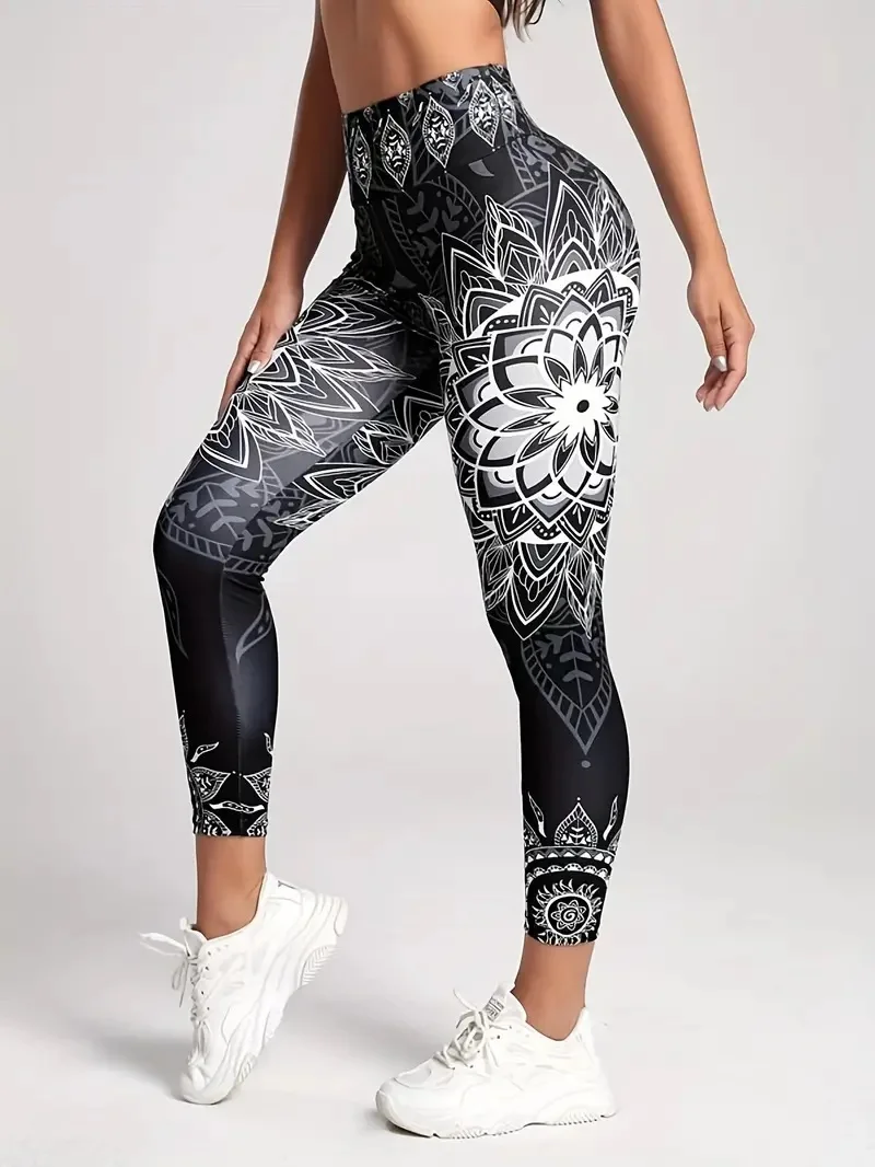 Patterned floral print casual women\'s pants elastic elastic waist tight-fitting leggings women\'s daily wear