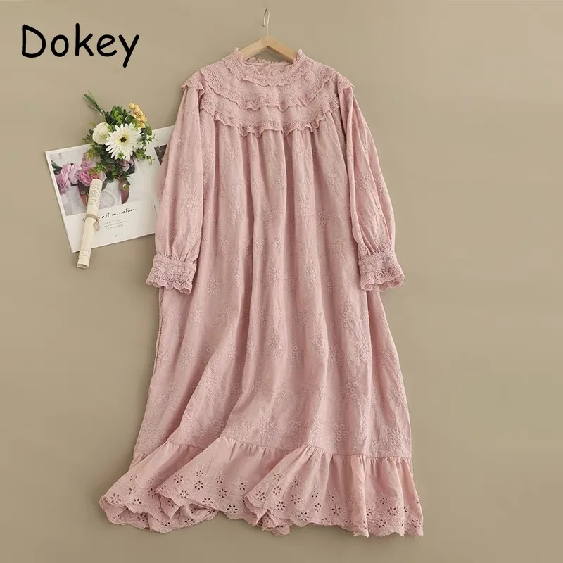 Vintage Embroidery Hollow Out Cotton Linen Dress Women Spring Mori Girl Lace Ruffled Casual Long Sleeve Loose Pullover Vestidos