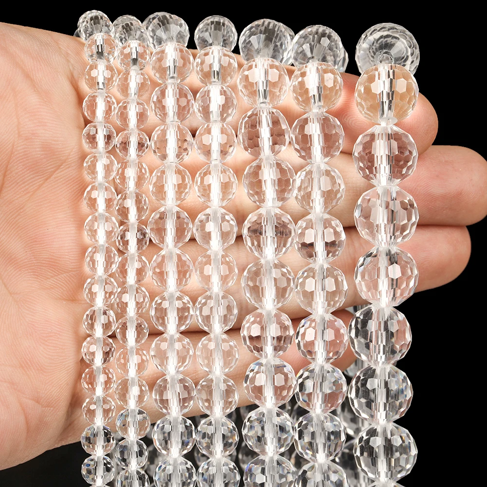 Faceted 6mm-12mm Natural White Crystal Clear Quartz Disco Ball Round Beads for Jewelry Making Bracelet Necklace Accessories 15