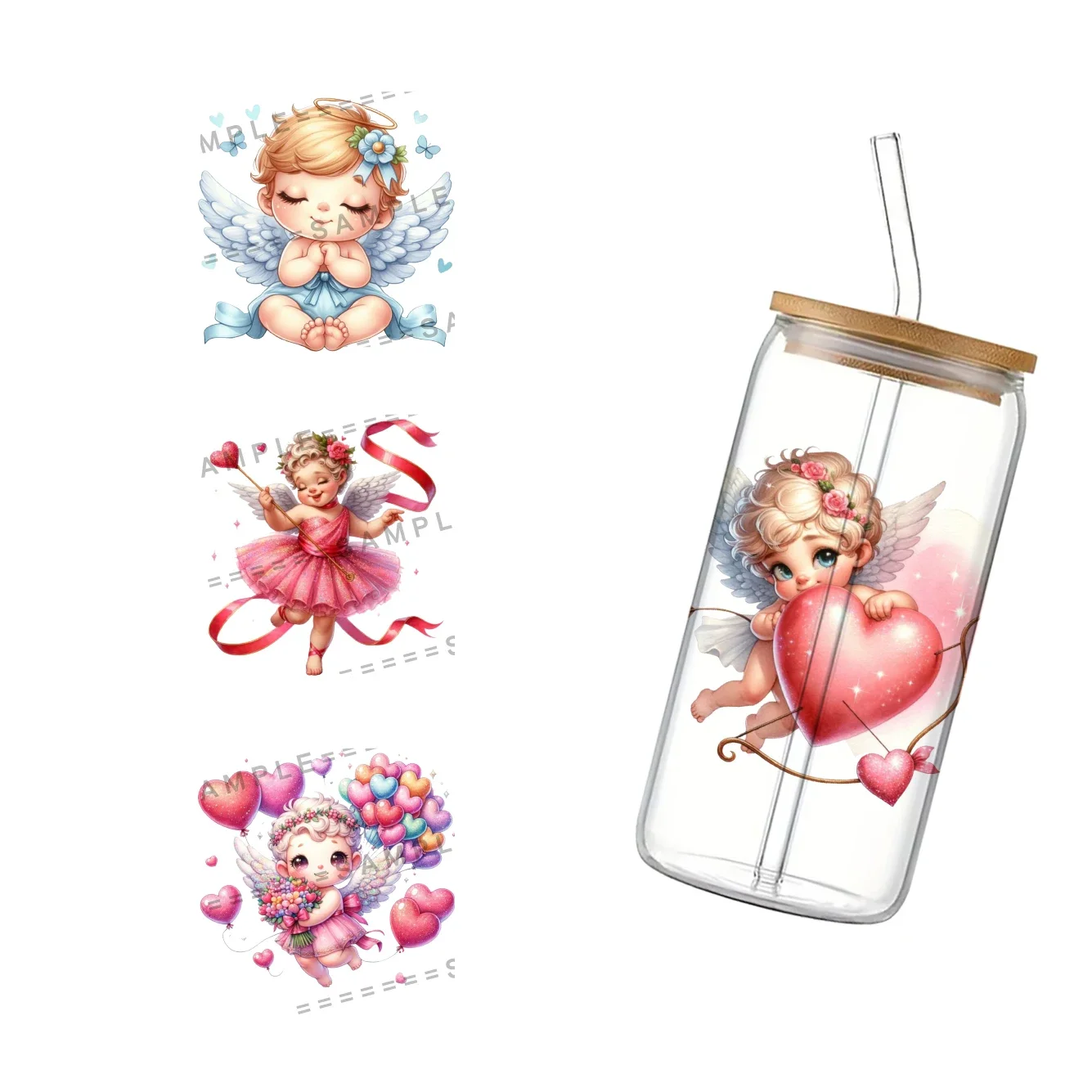 11X11CM Valentine's Day Cute Angel Cupid For Libbey 16oz Can Glass 3D Waterproof UV DTF Coffee Can Wrap Libbey Glass Wrap