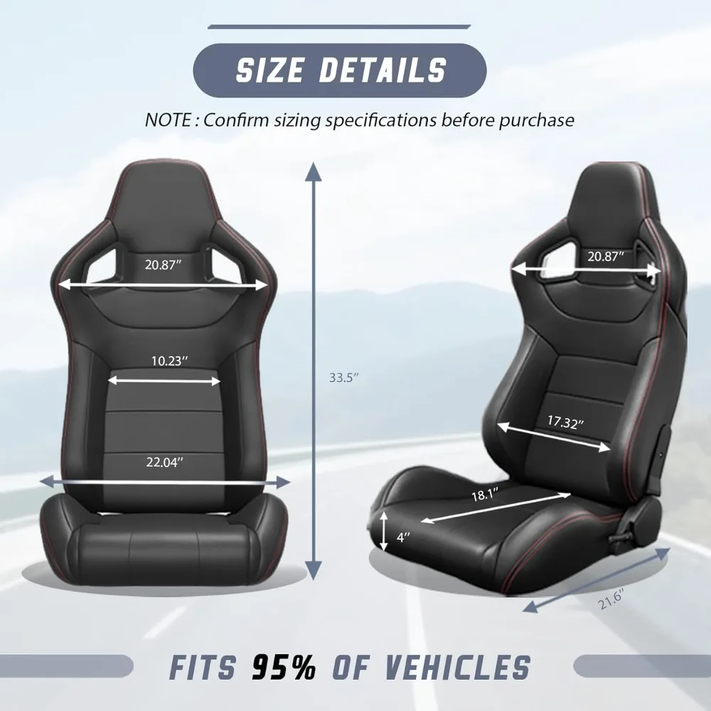 قطعتان من مقاعد السباق العالمية مع مزلقات بقفل مزدوج، زوج واحد من مقاعد الدلو المصنوعة من الجلد PVC للسيارات (أسود) #3