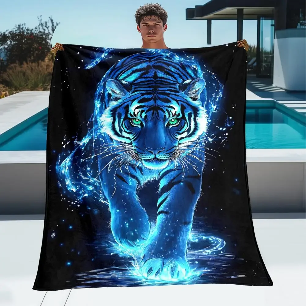 Blue Electric Tiger Galaxy Black Background Fantasy Soft Cozy Throw Blanket for Sofa Bed Mystical Aura