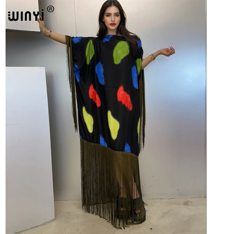 

WINYI beach tassels long dress summer boho beach Cover-up Elegant maxi kaftan sexy Holiday Africa party dress abaya muslim woman