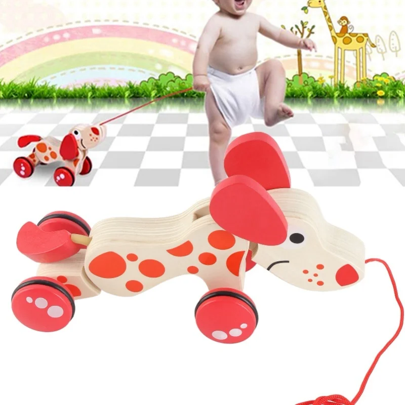 Push-Pull-Spielzeug, Welpe, Spaziergang entlang, Ziehen, Hölzerner Hund, Spaziergang, ein langer Welpe, Holz-Pull-Spielzeug zum Spazierengehen, Kleinkinder, Hundestil