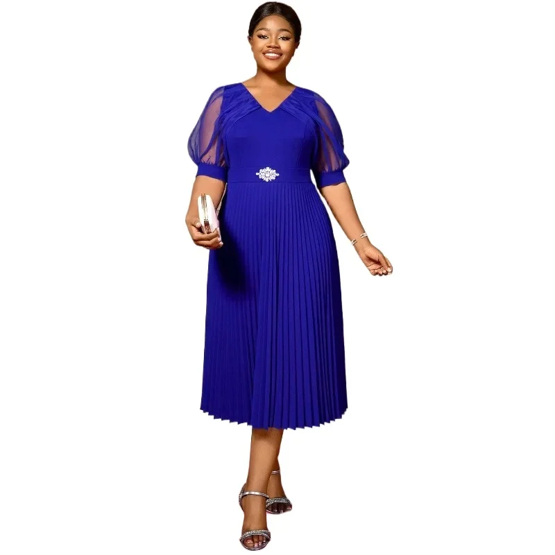 

Grace Women's V-Neck Midi Dress Blue Pleated Skirt Sheer Puff Sleeves with Rhinestone Accent Formal Party or Event Evening Gown