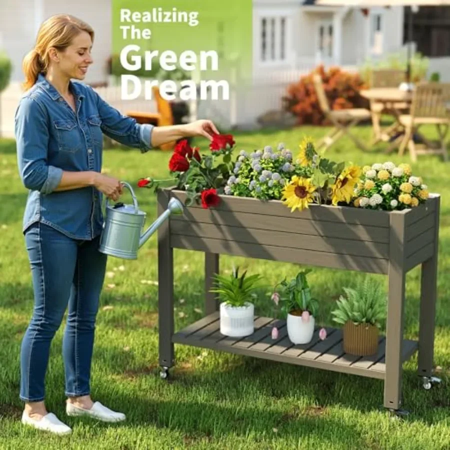 Raised Garden Bed with Legs, 33.66" Tall Self-Watering Resin Planter Box with Lockable Wheels Drainage Plug and Gauge for Veget view 4