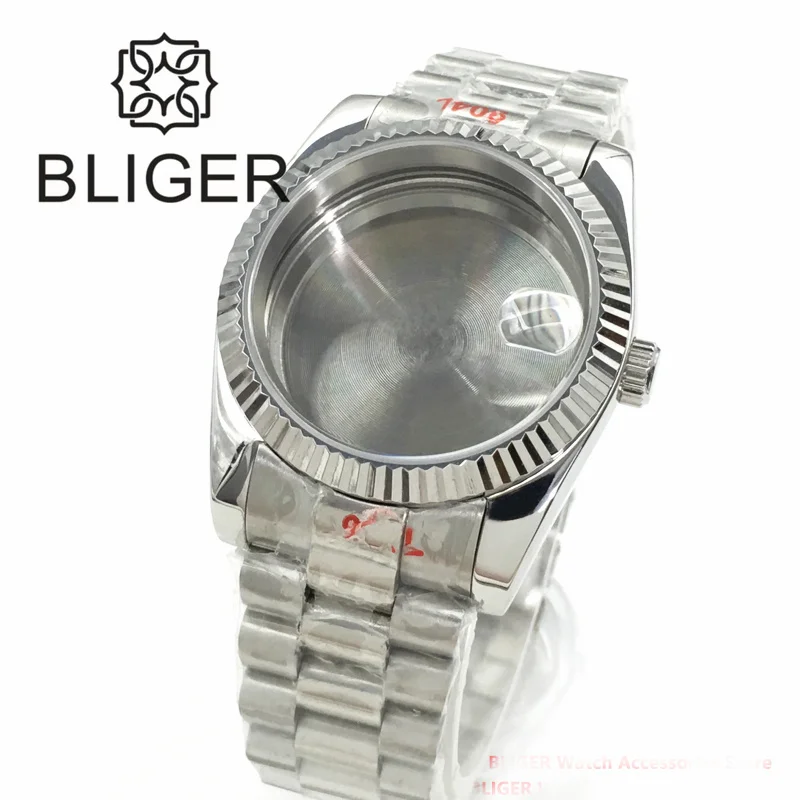 

BLIGER 36mm/39mm Silver Watch Case President Strap Sapphire Glass Fit NH35 NH36 Mingzhu Miyota ETA 2836,ETA2824 PT5000 Movement