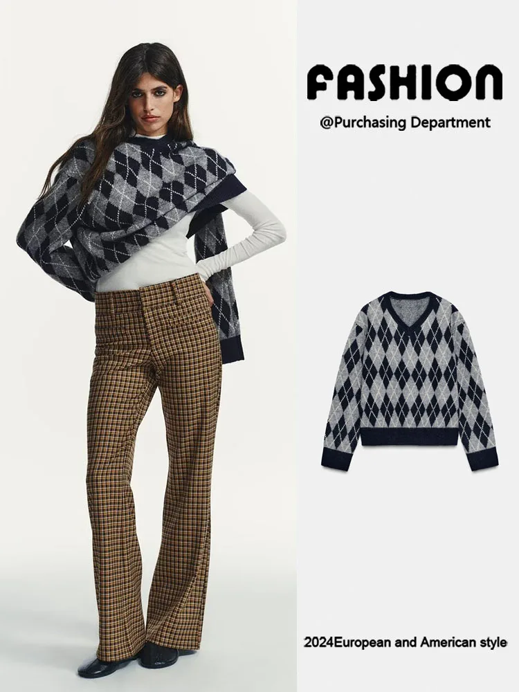 

Spring New Arrival Women's Long Sleeve Knitted Sweater Diamond Pattern Versatile Classy Style V-Neck Regular Length