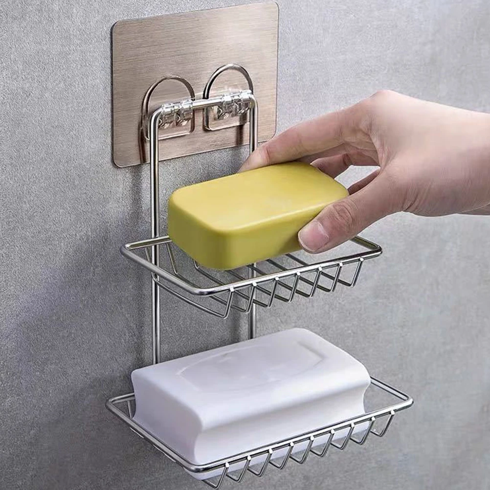 

Double Layer Soap Rack Stainless Steel Waterproof Wall Mounted Storage Holder Shower Bathroom No Drilling Easy Install Round