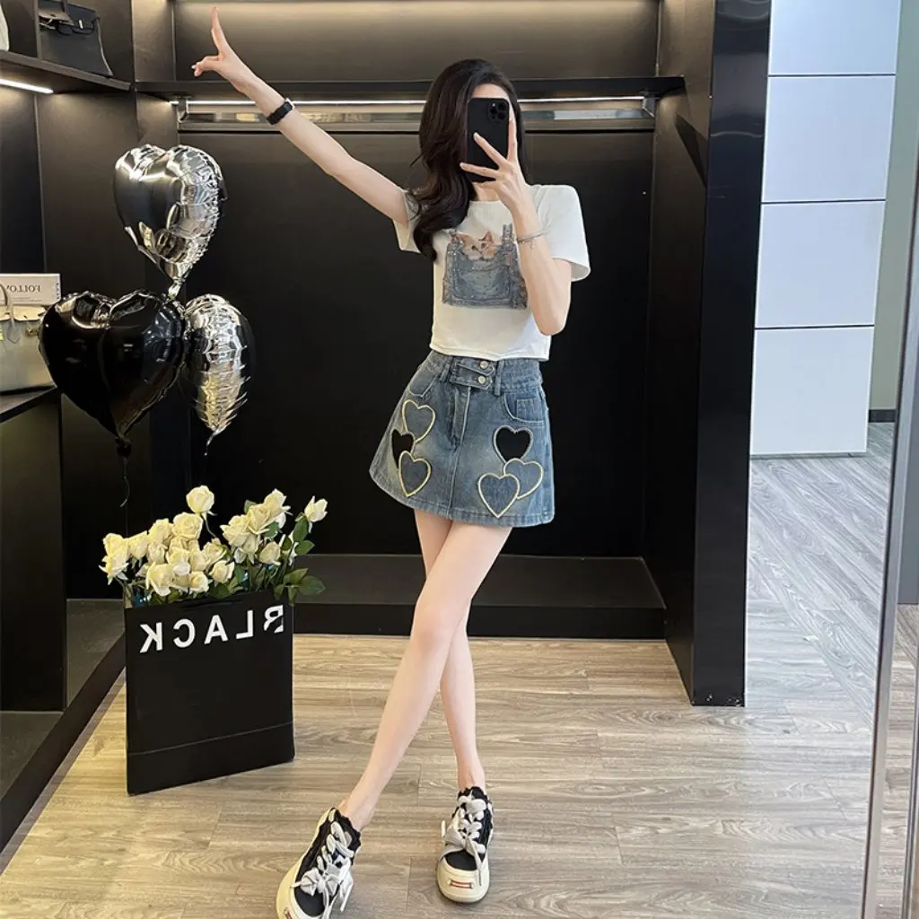 

Джинсовая юбка с высокой талией в стиле ретро для женщин, утягивающий элитный модный возрастной нишевый комплект женской одежды, новый стиль