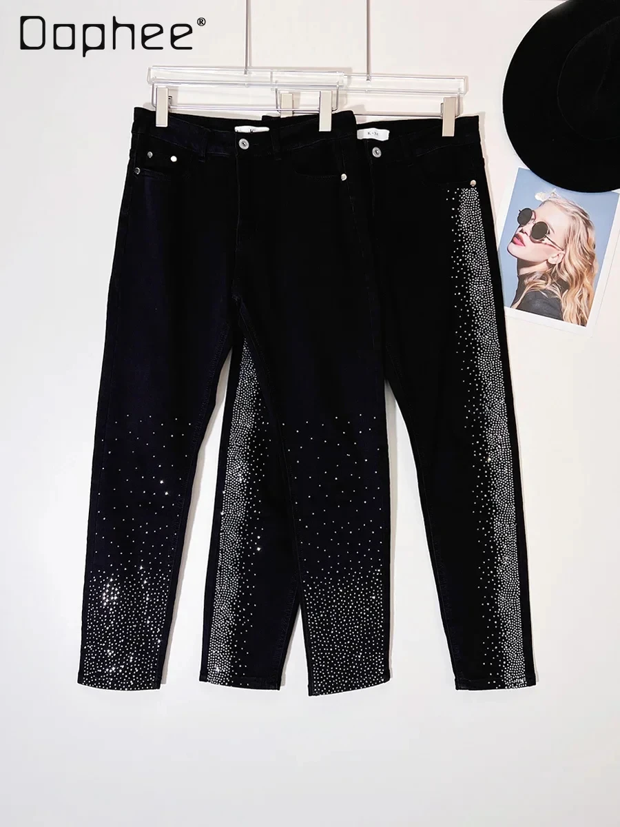 

2024 Spring Autumn Black Jeans Men's Korean-Style Heavy Embroidery Hot Drilling Starry Slim Fit Skinny Pants Stretch Trousers