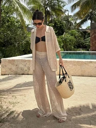 Knit Hollow Out Cardigan Pants Suit Women Slim Single Breasted Short Sleeve Top Long Pant Female 2024 Summer Beach Outfit Sets