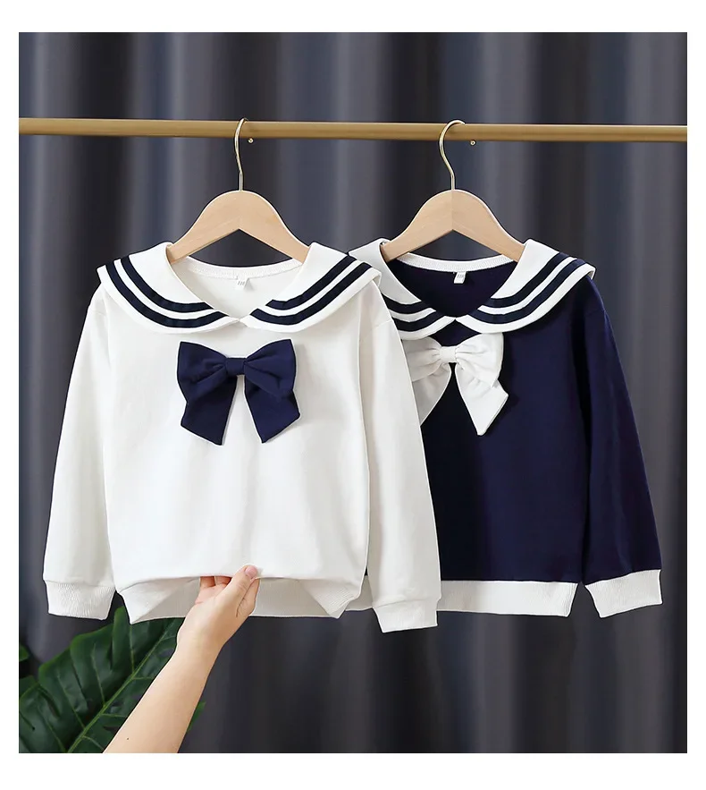 Girls Sweatshirt Kids Bow Tie Pullover Teens Turn Down Collar Tops 2024 Spring Fall School Shirt Children\'s Casual Clothes