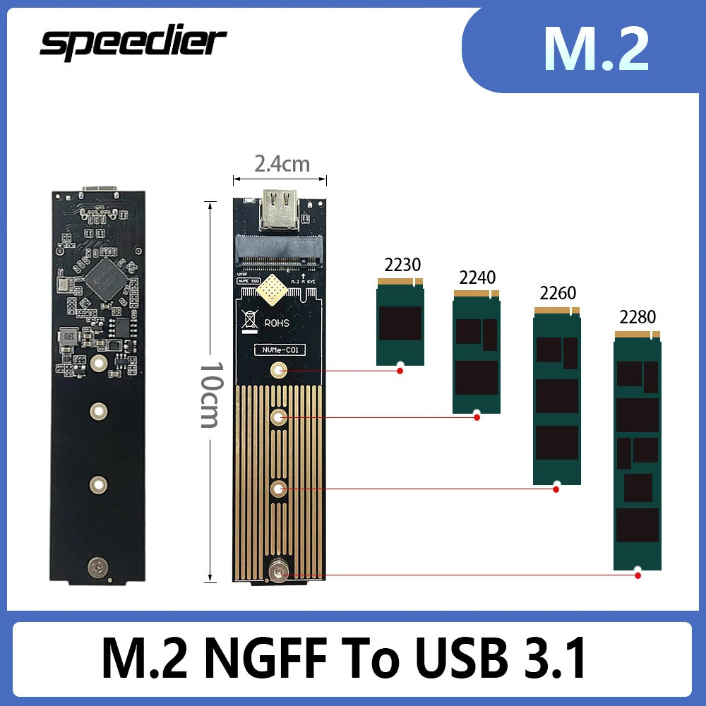 

Speedier M.2 NGFF To USB 3.1 3.0 Case for 2230 2240 2260 2280 SSD Enclosure Adapter Board Card JMS583 NVME-C01