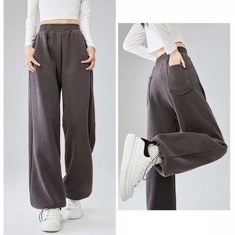 Pantalones clásicos grises de cintura alta para mujer, cómodos pantalones de chándal de pierna recta, pantalones lisos con cordón a la moda para mujer