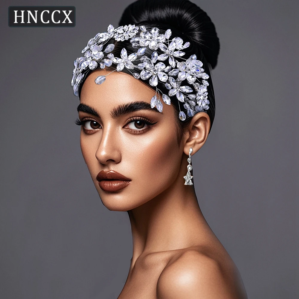 HNCCX Rhinestone Bridal Headband Double Layered Hair Hoop Handmade Flower Wedding Hair Piece Royal Bride Crown Luxury CP678