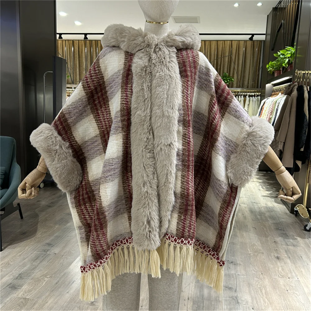 

Sample Winter Thick Warm Poncho Cloak Women Long Faux Rabbit Fur Collar Striped Knitted Streetwear Female Tassel Loose Cappa