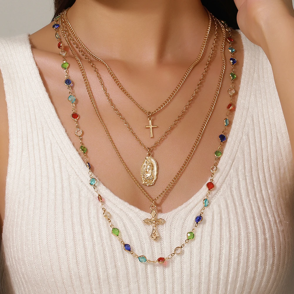 

4Pcs/Set Cross Colorful Crystal Beaded Chain Necklaces For Women Punk Gold Color Y-Shaped Pendant Necklace Set Christian Jewelry