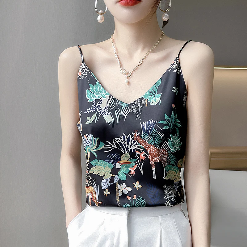 Spring And Summer New Ethnic Style Women's Sexy Thin Shoulder Strap Vest Section Silk V-Neck Refreshing Silky Delicate Top