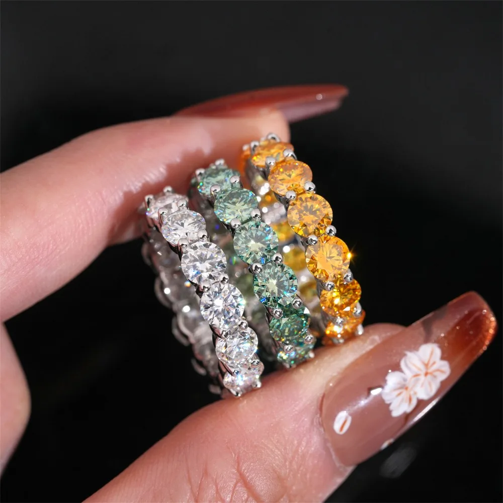 Pierścionek Eternity z Kolorowymi Moissanitami 5mm, Srebro Próby 925, Hiphopowa Biżuteria Męska Damska, Lodowy Pierścionek Ślubny z Diamentami, Przechodzi Test Diamentów