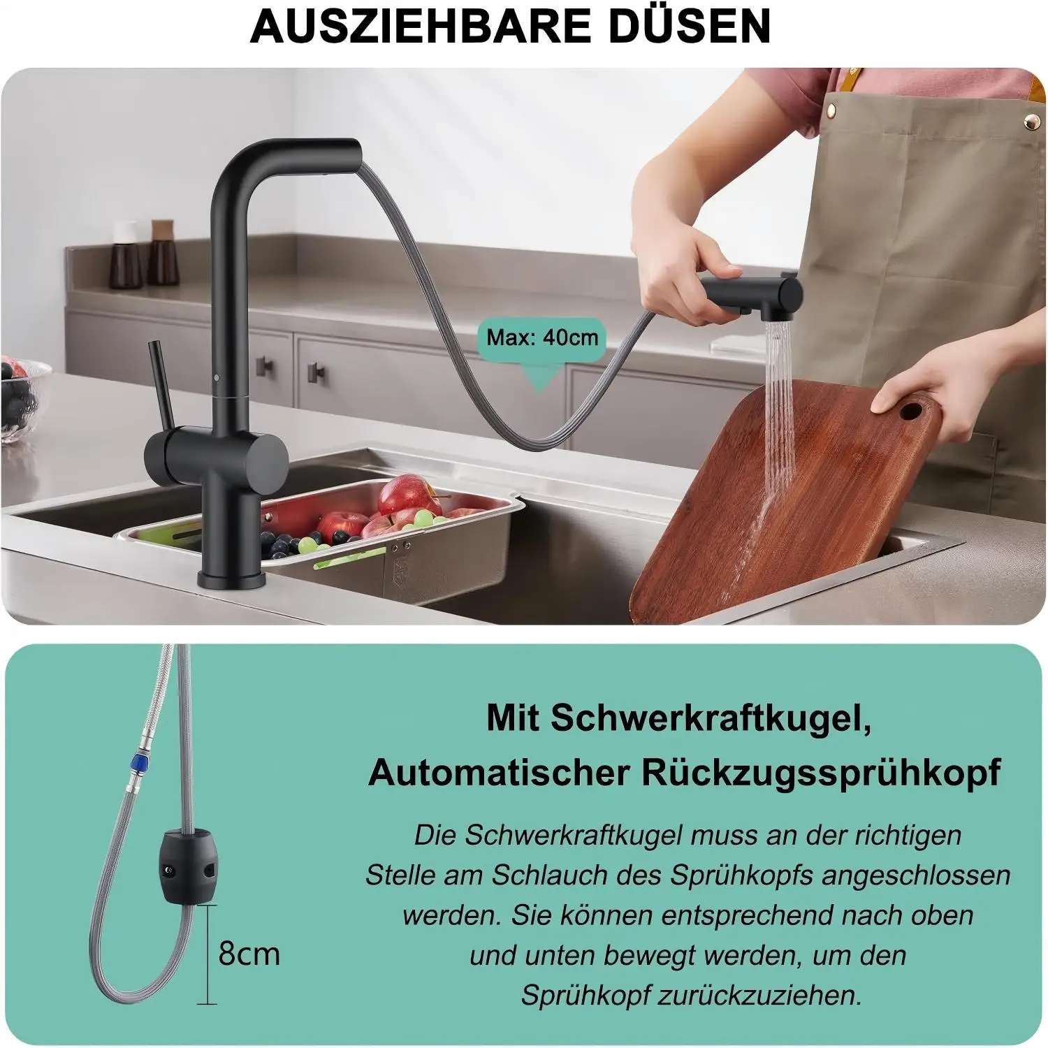 Oeegoo 2-teiliger Niederdruck-Küchenschrank Schwarz, 360 ° Drehbar, mit zwei Wassersprüharten, geeignet für niedrigen Druck – Detail 5