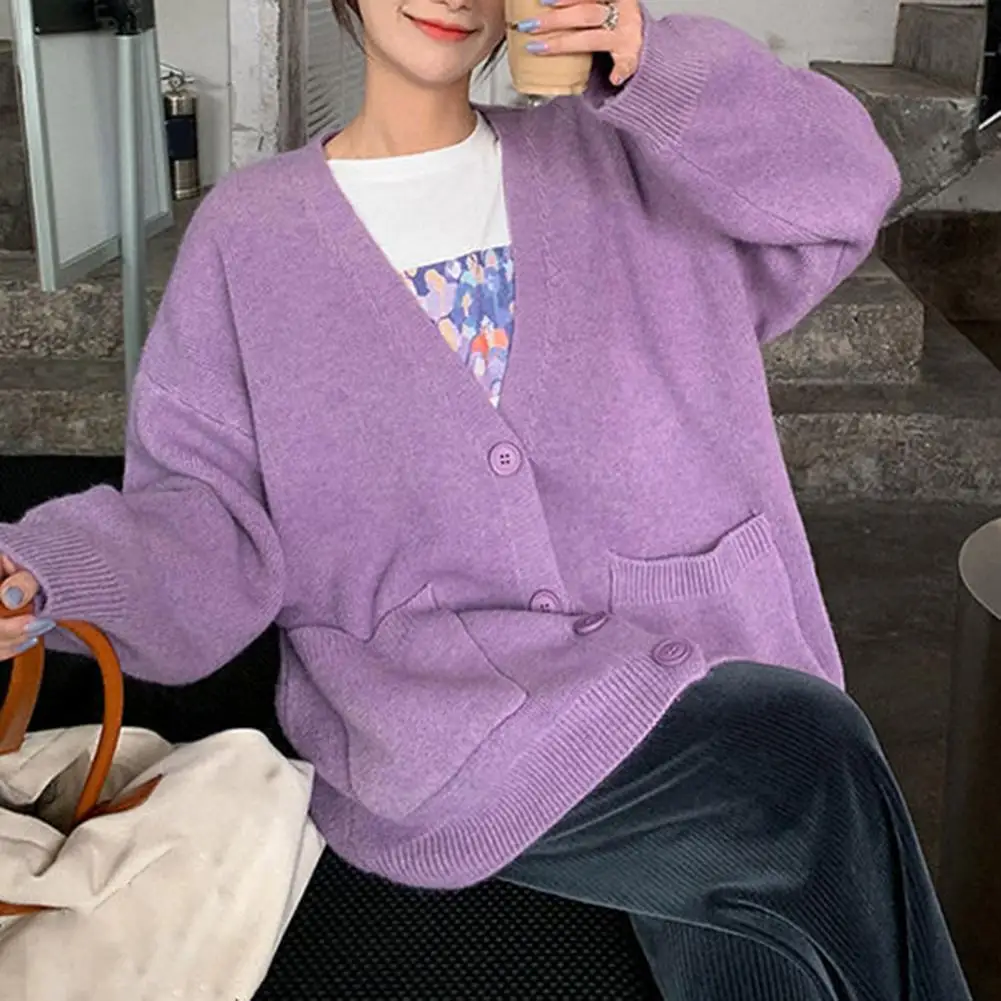 

V-Neck Long Sleeve Two Pockets Ribbed Trim Loose Fit Sweater Coat Autumn Winter Solid Color Button Knitted Coat Female Outerwear