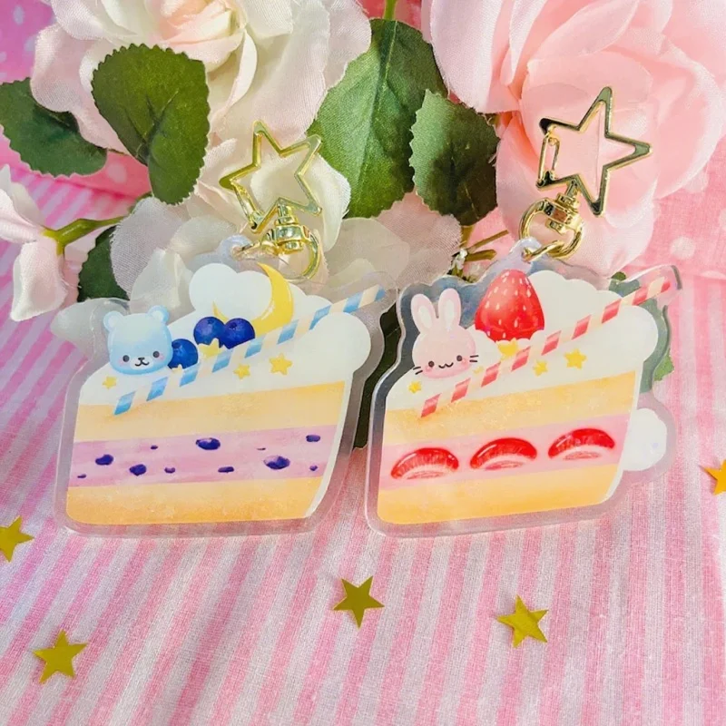 Llavero acrílico Kawaii: pasteles de fresa/arándano, oso conejito, estrellas lunares. Lindo dije para bolso/teléfono, regalo perfecto para BFF