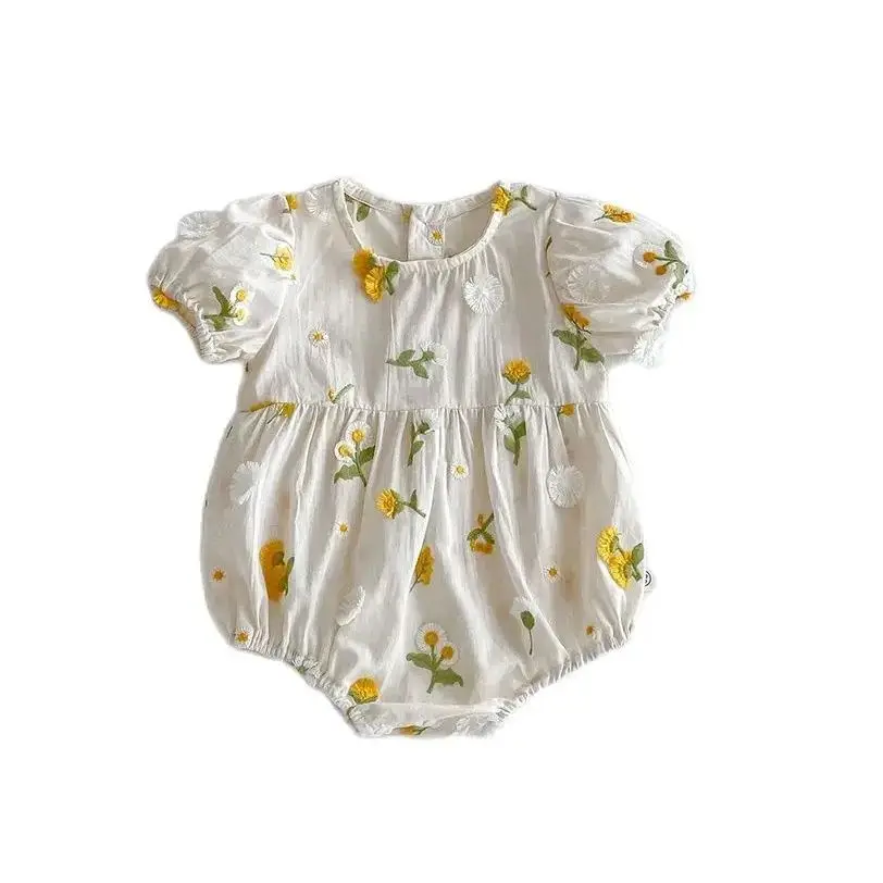 

New Full Daisy Embroidery Puff Sleeve Infant Girls One Piece Rompers Summer Sweet Newborn Baby Bodysuit for 0-2 Years