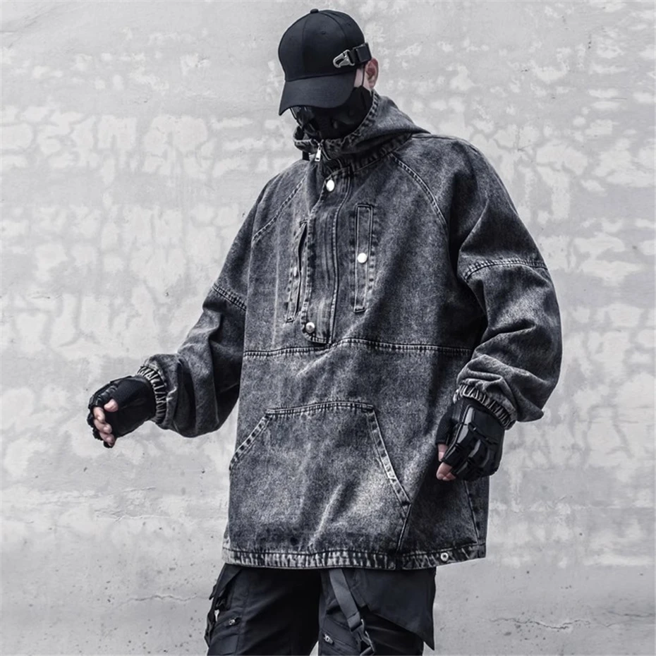 

Techwear Denim Hoodie Men Streetwear Hip Hop Half Zipper Hooded Sweatshirts Oversized Harajuku Function Casual Hoodies Coats