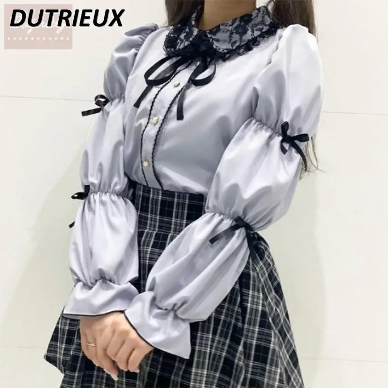 Spring Autumn New Cute Girls Lace Bow Lolita Solid Color Tops Sweet Drawstring Mine Flared Long Sleeve Shirt for Women