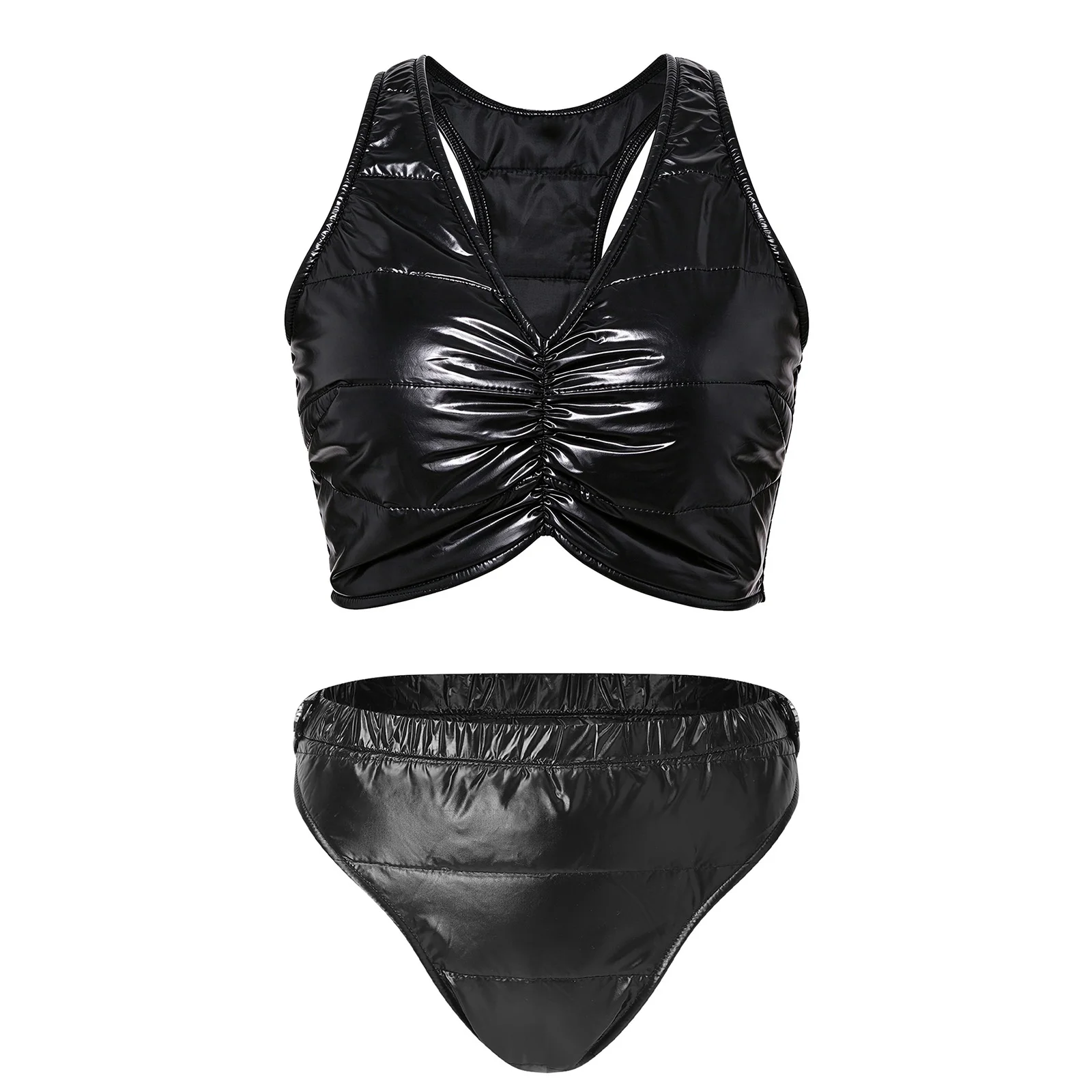 Womens Glossy Waterproof Quilted Padded Vest V-neck Sleeveless Ruched Crop Top with Swim Briefs Y2k Streetwear Beach Clubwear