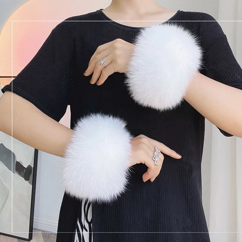 Real Fox Fur Cuffs For Women Coat Wrist Sleeve Fur Bracelet Oversleeve Natural Fox Fur Sleeves Fluffy Fur Cuff Thick Arm Warmer - view 3