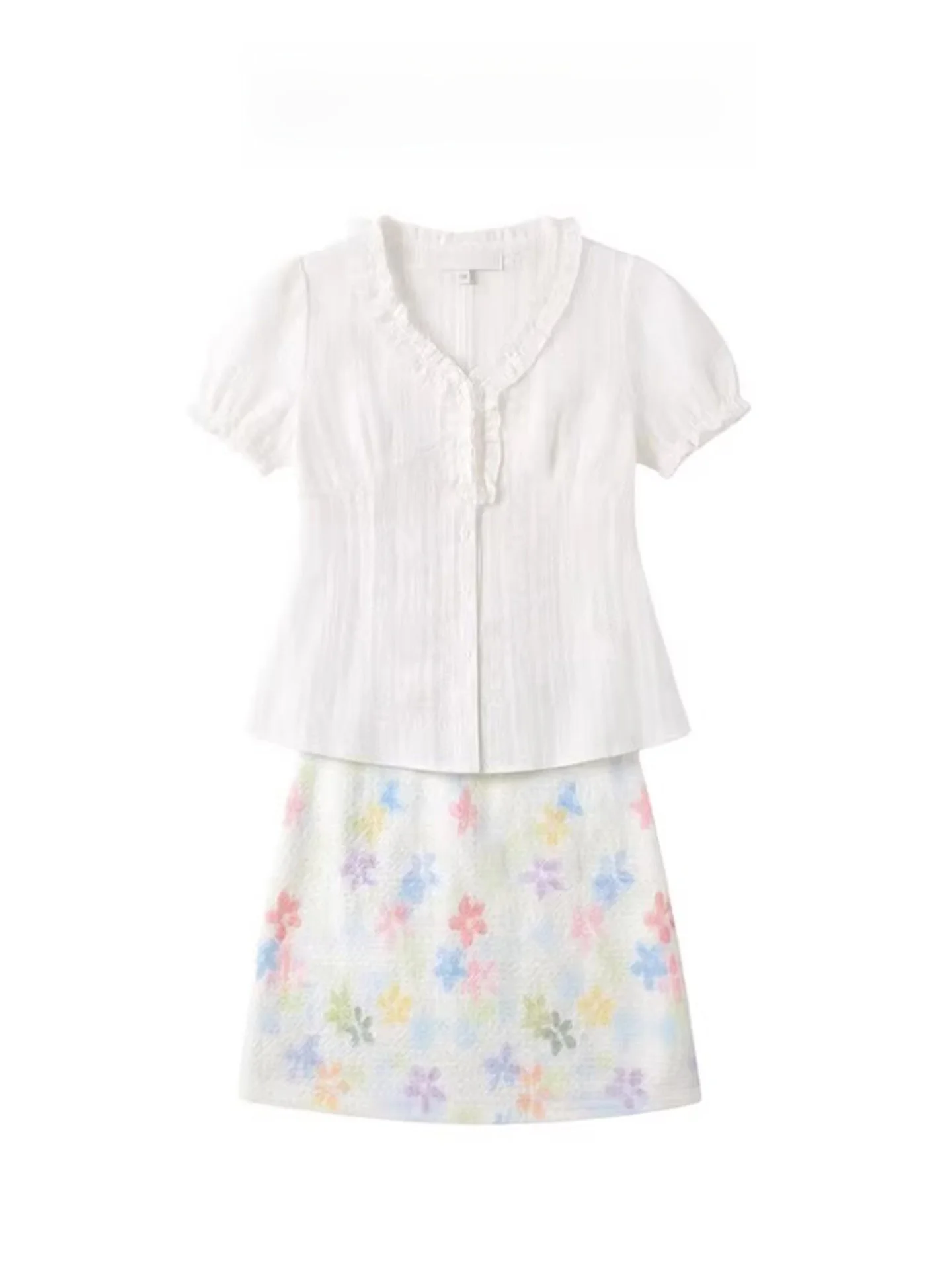 

Korean Style Beautiful Ruffle Hem White V-Neck Short Sleeve Shirt Women Summer Waist Cinch Shirt Top Short Skirt Set Sweet Style