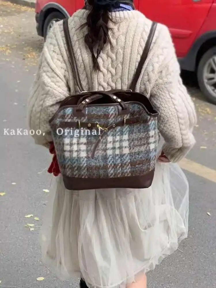 Checkered Woolen Large Capacity 2 Way Use Shoulderbag Backpack Women FS Female Travel Bagpack Girls School Bags Bolsos Anime