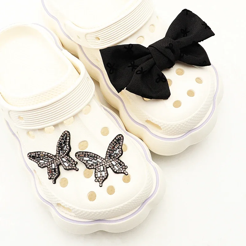 Black Fabric Bowknot Rhinestone Butterfly Shoe Charms Set Removable DIY Resin Shoe Buttons for Clog Sandal Decorations