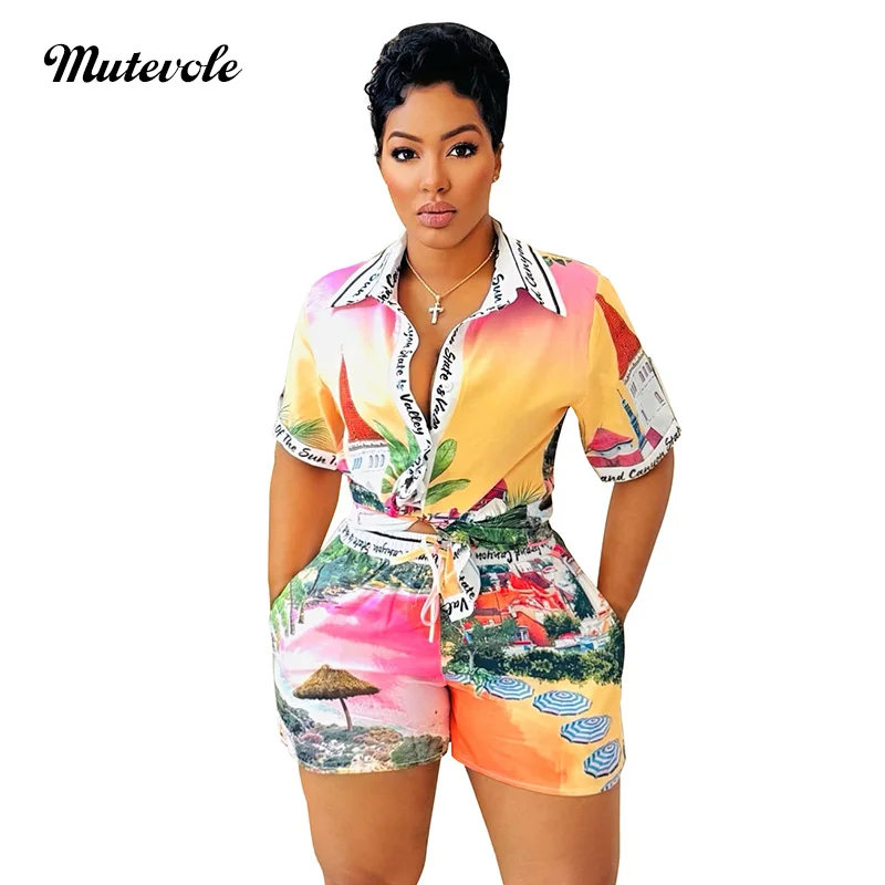 Mutevole الصيف عطلة الشاطئ ملابس النساء قطعتين مجموعات زر القمصان الرباط السراويل