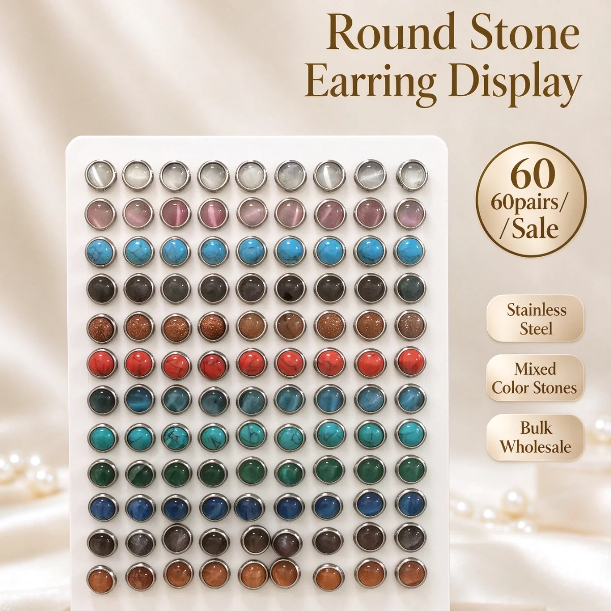 LUXUKISSKIDS 60paris/lot Cat Eyes Rinestone Small Opal Stud Earrings Set Stainless Steel Push Plug Piercing For Women/Girls/Men