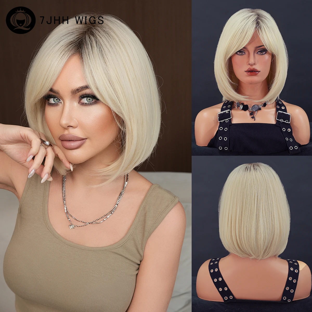 7JHH WIGS Kurze, glatte, blonde Perücke für Damen, synthetisch, geschichtet, modisch, mit Mittelscheitel, sofort tragbar, Bob-Perücke mit dunklen Ansätzen