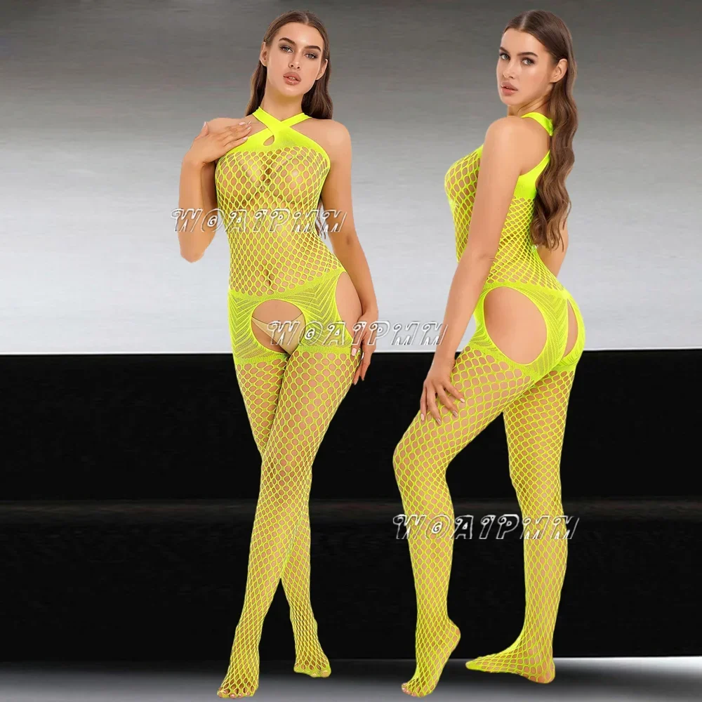 Body de rejilla Sexy amarillo para mujer, medias sin entrepierna, lencería Porno, medias transparentes, disfraces de Club nocturno de malla erótica