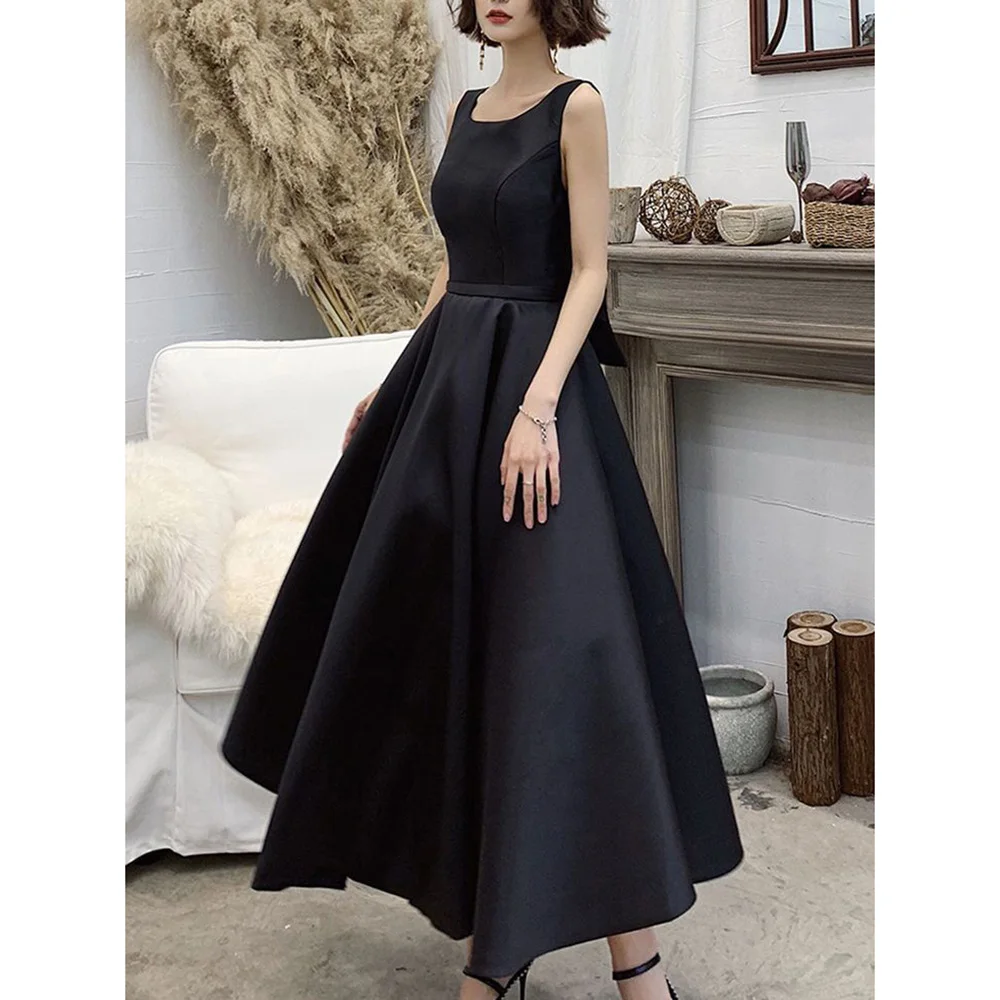 Black Draped Back Bow Evening Dresses Sleeveless Ankle Length Formal Occasion Princess Birthday Party Gown Elegant Prom Dress