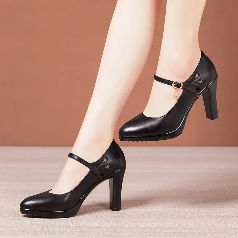 6 8 10cm Small Size 32-43 Shallow Genuine Leather Shoes Women Pumps 2024 Block High Heels Shoes Platform for Office Model Mom