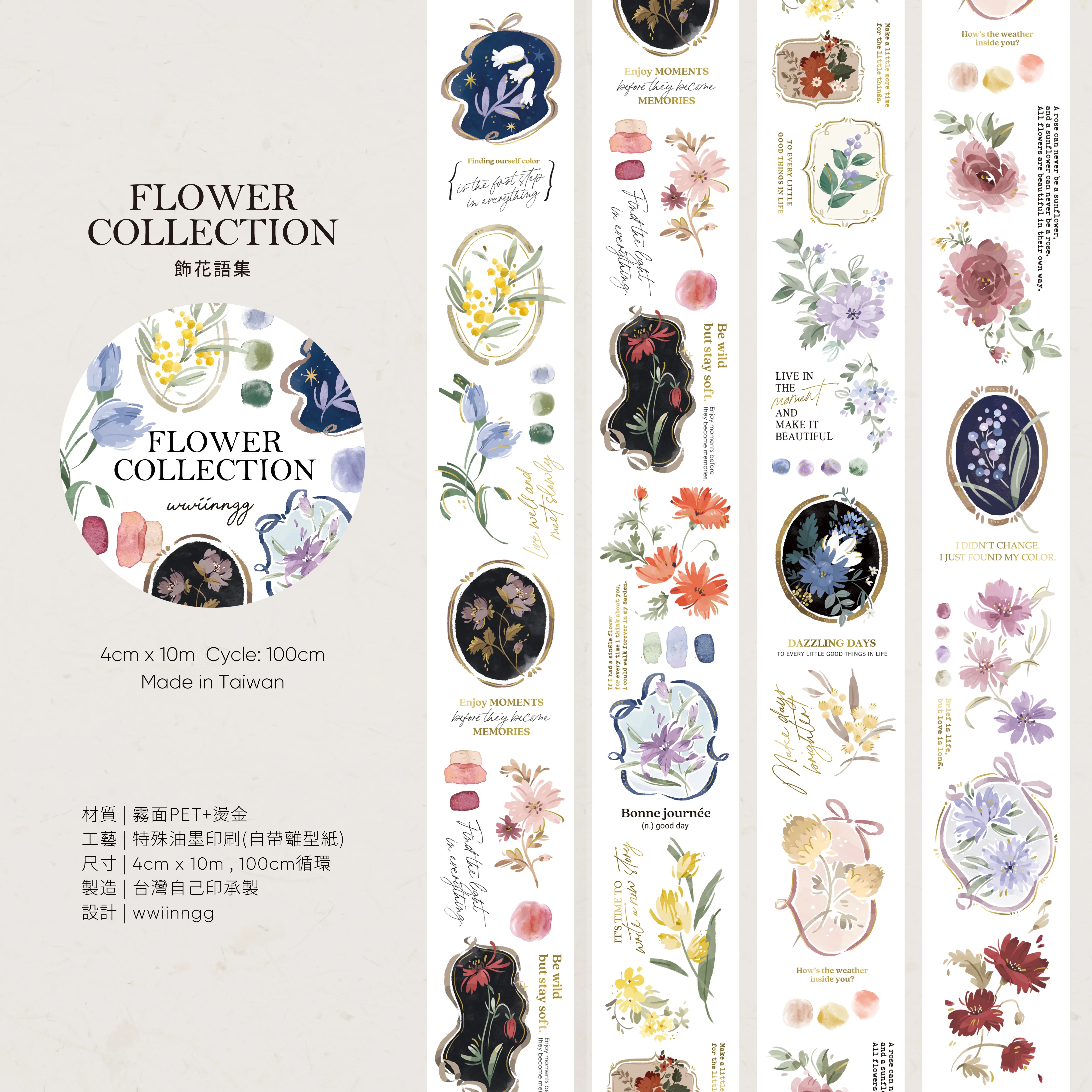 Taiwan Wwiinngg Journal Washi Tape, Decorative Flower Collection Bronzing Fog Pet10 Meters