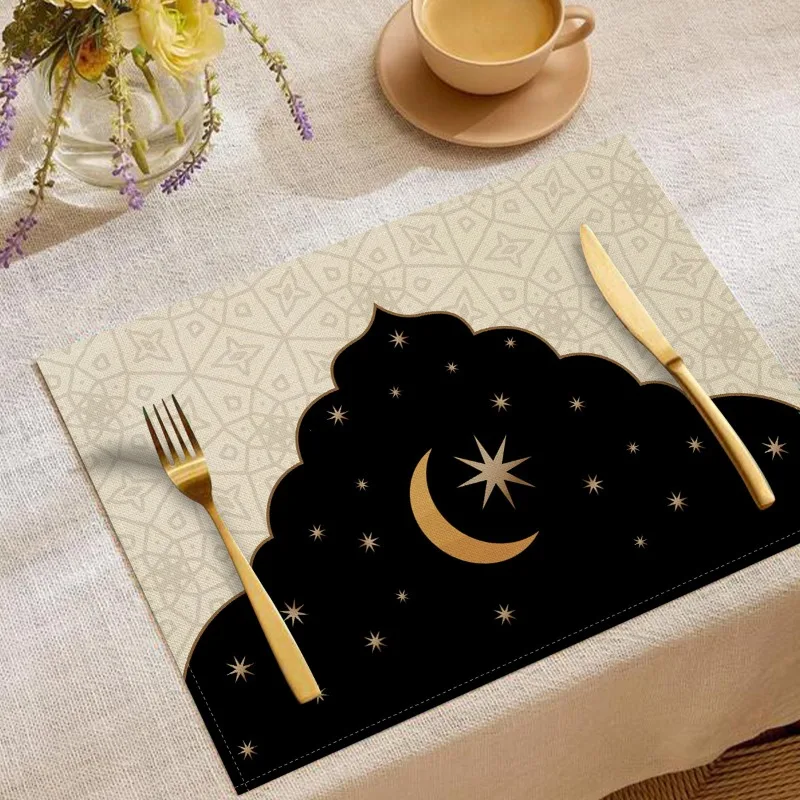Middle Eastern Style Star Moon Print Linen Placemat Washable Desktop Protector Stain Resistant Mat Home Anti-slip Mat