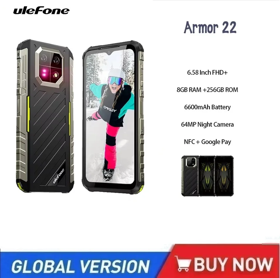 Ulefone Armor 22 Wytrzymały smartfon Android 13 16 GB (8 GB + 8 GB) RAM + 128 GB/256 GB ROM 64 MP 6600 mAh NFC 4G Telefon komórkowy