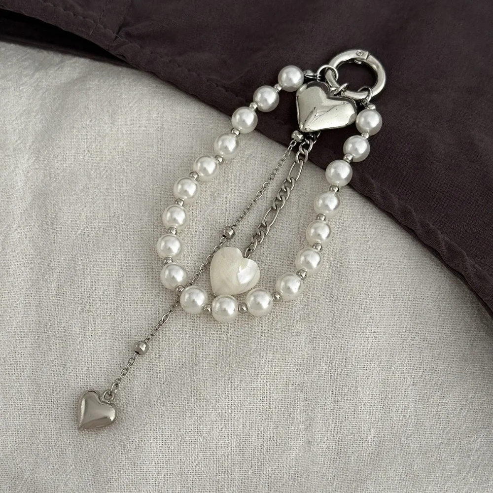 Elegant Metal Pearl Beaded Keychain Peach Heart Shape Tassel Decoration Pendant Jewelry Bead Bag Chain Bag Accessories